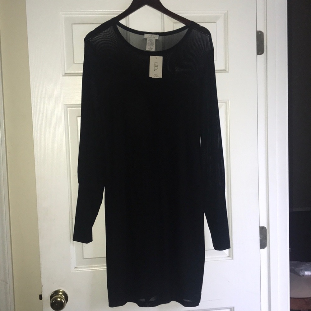 NWT CAD black dress w/ sheer sleeves & upper chest